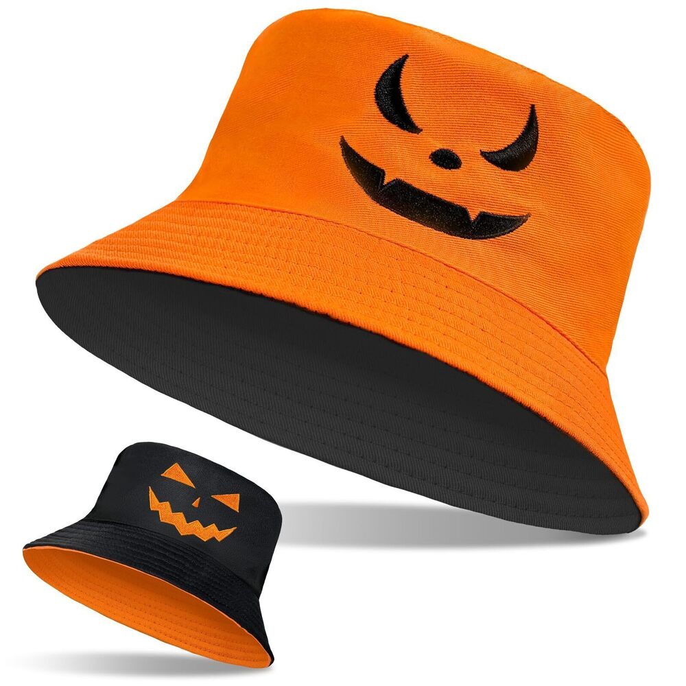 7743 Halloween Bucket Hat Unisex Pumpkin Hat Reversible Sun Cap Outdoor